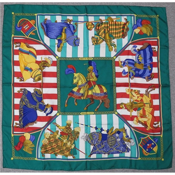 Hermes Teal and Red Equestrian Scarf - Picture 1 of 12